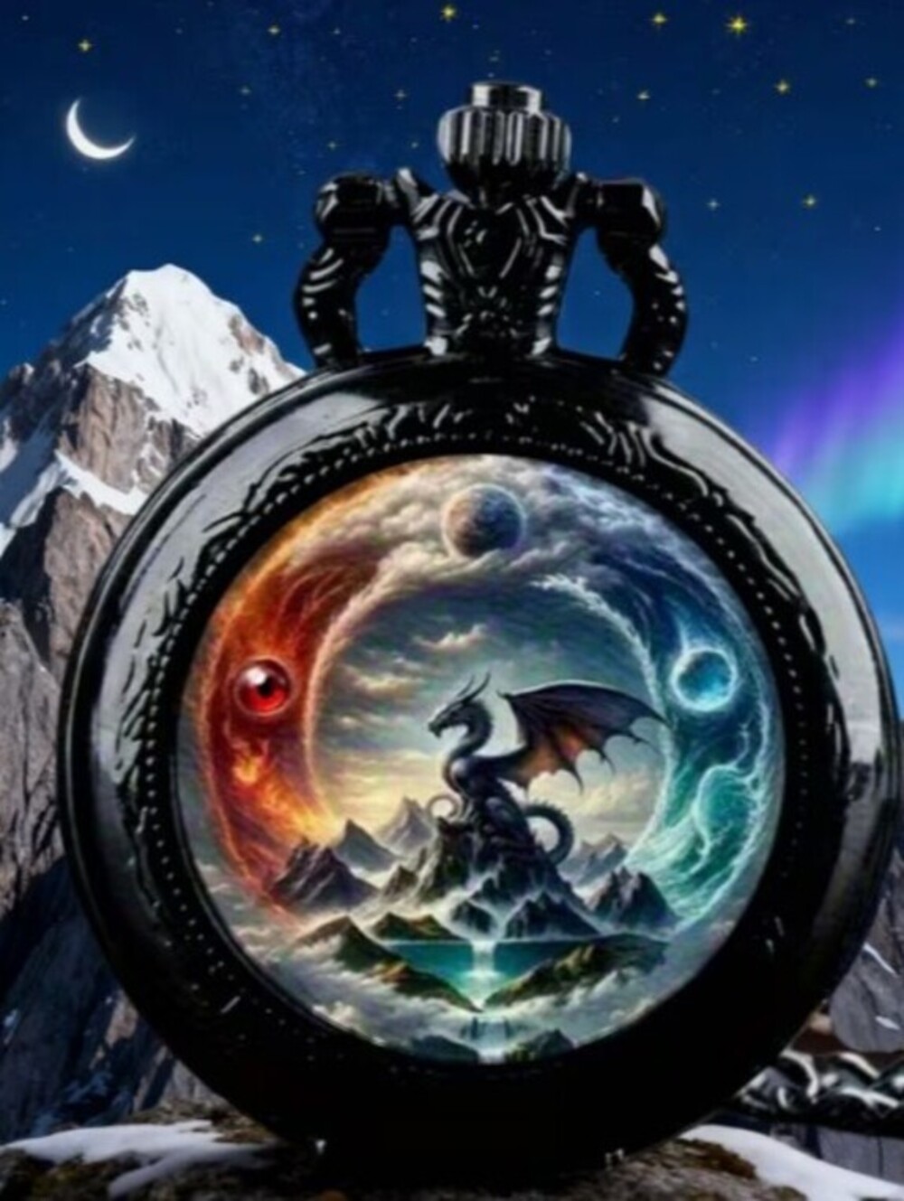 Fantasy Dragon Yin Yang Pocket Watch Necklace